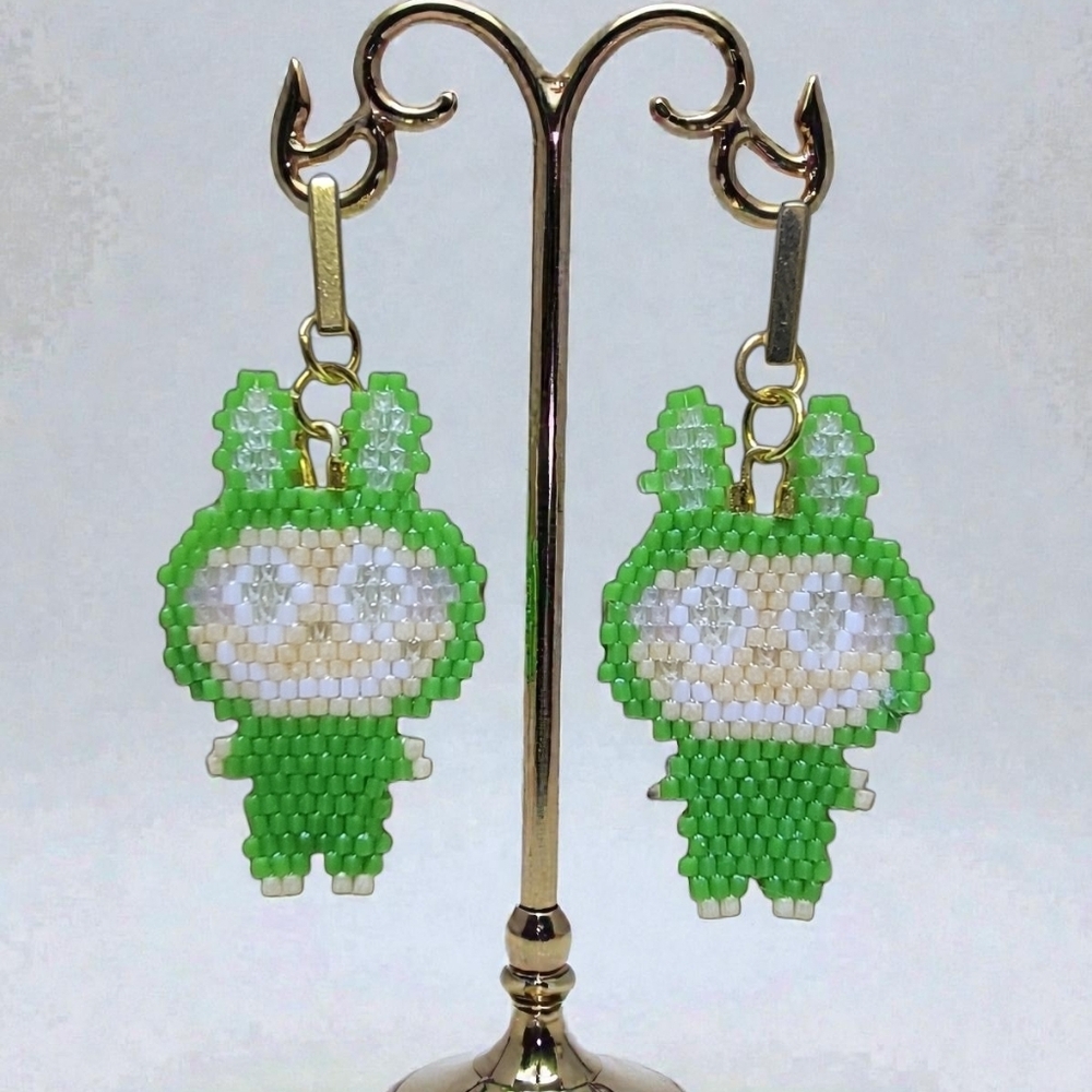 #415 HAND CRAFTED Earrings handcrafted  Seed Beads Green Little Girl